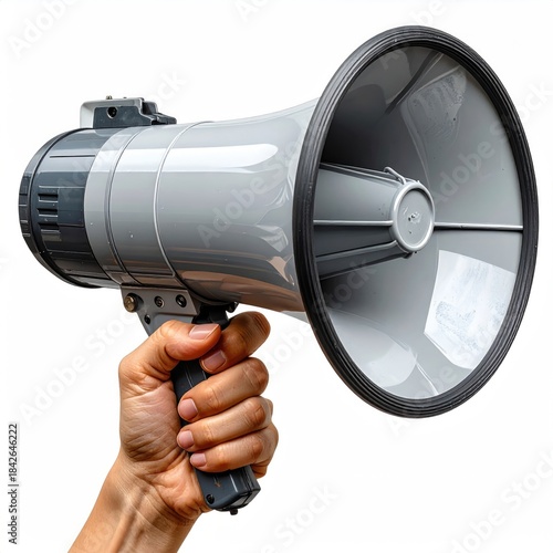Hand holds grey megaphone, isolated