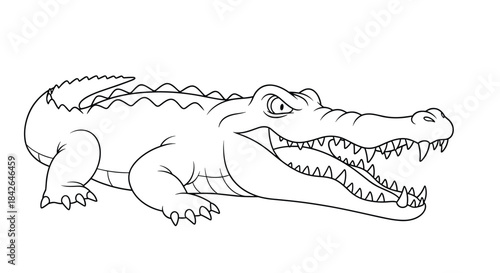 A fierce crocodile is shown with its mouth wide open, displaying sharp teeth in a black and white line art coloring page style.
