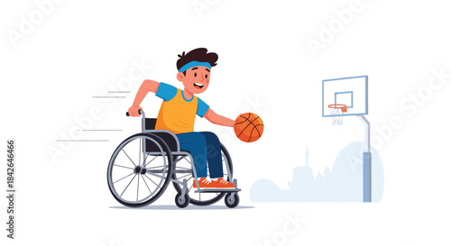An energetic boy with a disability smiles while playing adaptive sports, dribbling a basketball from his wheelchair toward a hoop.