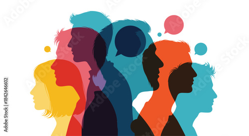 Colorful overlapping silhouettes of diverse people in profile with speech bubbles, representing communication, community, and social networks.