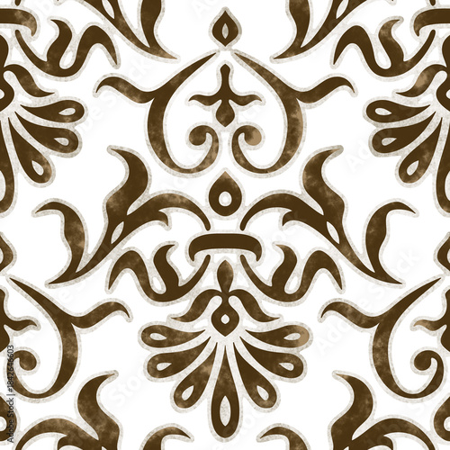 seamless pattern with floral ornament, brown watercolor textured arabesque, earthy colors background