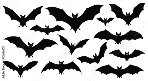 A large group of black bat silhouettes flying in various positions against a white background, perfect for Halloween designs.