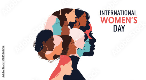 International Women's Day greeting card showing a silhouette of a woman's head filled with diverse female faces of different ethnicities.