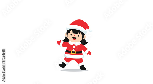 Adorable cartoon of a happy little girl with black hair dressed in a festive red Santa Claus costume for Christmas.