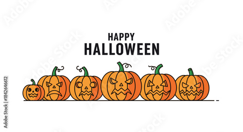 Happy Halloween banner featuring a row of six carved jack-o'-lanterns with various spooky and funny facial expressions.