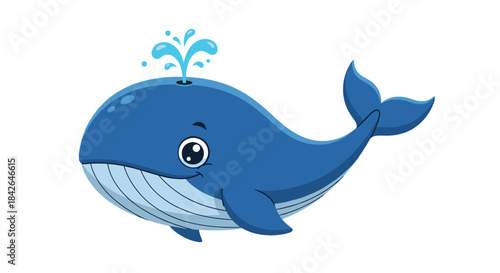A cheerful blue cartoon whale with a friendly smile happily swims and spouts a splash of water from its blowhole illustration.