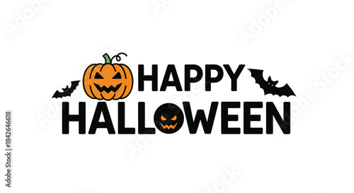 Fun 'Happy Halloween' typography with a jack-o'-lantern, flying bats, and a spooky face creatively placed in the letter O.