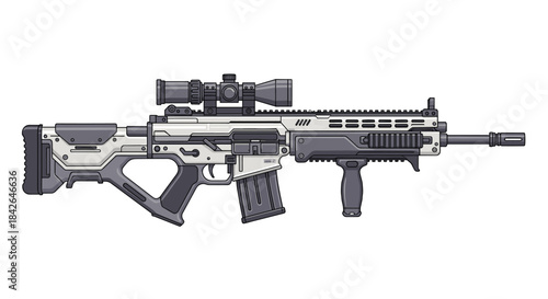 Detailed pixel art illustration of a modern, futuristic assault rifle with a scope and tactical attachments in grey and white.