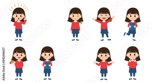 Cute cartoon girl character set with various poses and expressions, including happy, thinking, and celebrating, for animations or comics.