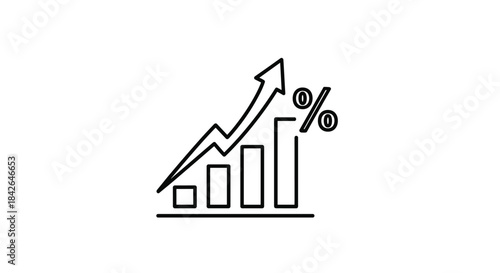 Black line art icon of a rising bar chart with an upward-trending arrow and a percentage sign, symbolizing growth and success.