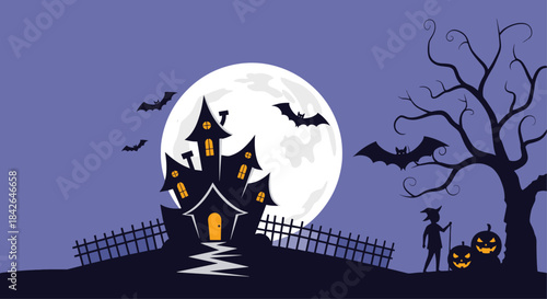 Spooky Halloween night scene with a haunted house on a hill, a large full moon, flying bats, and a dark figure with pumpkins.
