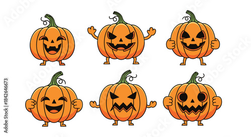 Set of six cute and spooky cartoon jack-o'-lantern mascot characters with different emotions for a fun Halloween celebration.