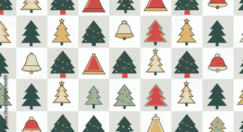 Seamless Christmas pattern with a checkerboard design of festive trees and bells in a retro color palette for holiday wrapping.