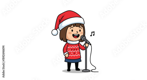 Cute cartoon girl wearing a Santa hat and a red sweater, happily singing a Christmas carol into a microphone.