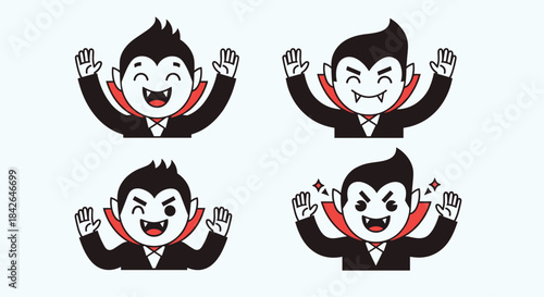 Set of four cute cartoon vampire characters with different happy and mischievous expressions, perfect for Halloween designs.