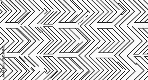 Abstract seamless pattern with a complex black and white geometric maze of intersecting and broken chevron lines.