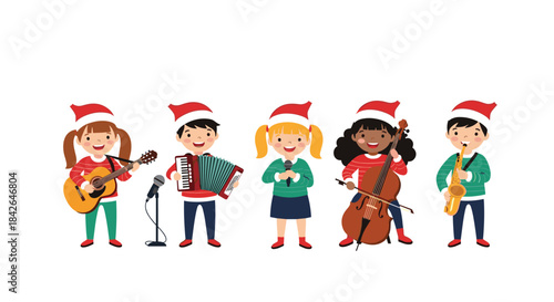 An adorable Christmas concert scene with a diverse group of children in Santa hats playing different musical instruments.