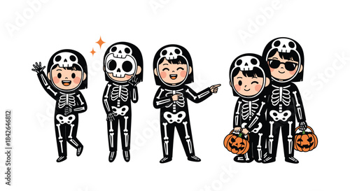 A collection of cute girls in skeleton costumes for Halloween, showing different poses and expressions for a fun party.