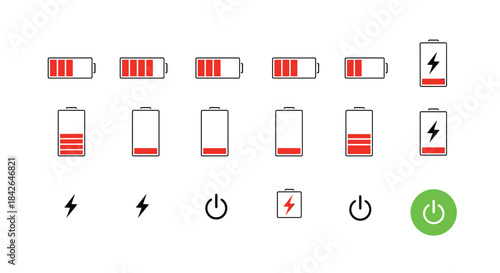 A comprehensive set of battery charge level indicators and power icons, from empty to full, in red and green colors.