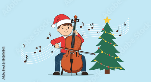 A young boy wearing a Santa hat joyfully plays Christmas carols on his cello next to a beautifully decorated holiday tree.