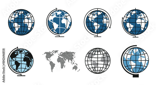 A versatile set of world globe icons in various flat and line art styles, representing geography, travel, and global connections.