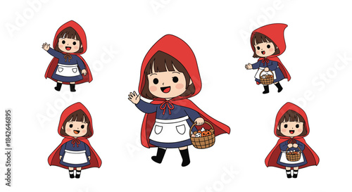 A cute character set of Little Red Riding Hood in five different poses, including waving and holding a basket of goodies.