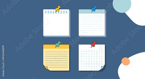 A collection of four colorful sticky notes with push pins on a blue background, including lined, grid, and blank memo pads.