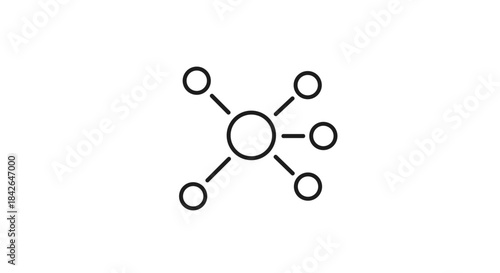 Minimalist black outline icon of a central hub connected to multiple nodes, representing network, connection, and communication concepts.