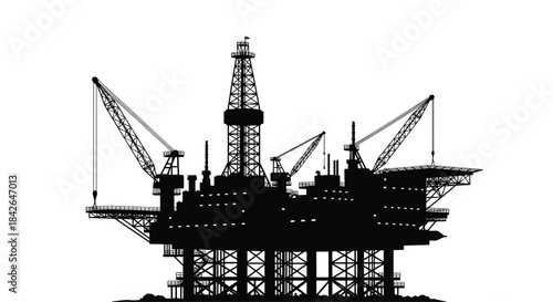 Silhouette of an offshore oil rig drilling platform against a clean white background, representing the fossil fuel industry and energy exploration.