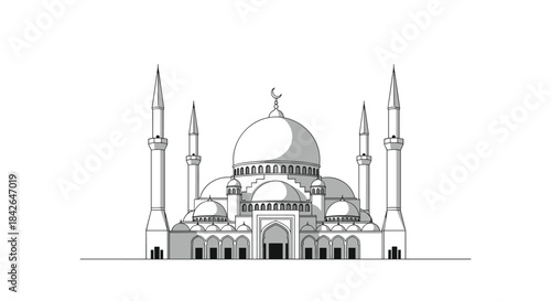 Elegant black and white line art illustration of a grand mosque with minarets and a central dome, symbolizing Islamic architecture and faith.