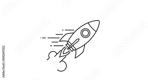A minimalist line art icon of a rocket launching into space, symbolizing a startup, innovation, speed, and new ventures.