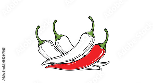 A hand-drawn sketch of chili peppers with one single red pepper standing out among the others, representing spice and uniqueness.