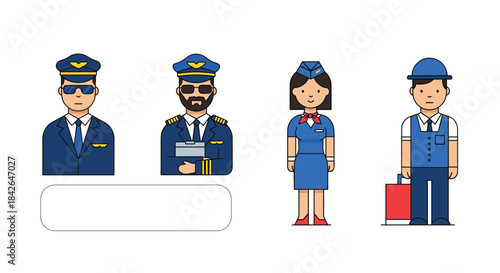 Collection of colorful cartoon airline and airport staff characters, including pilots, a flight attendant, and a porter with luggage.