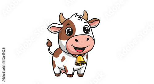 An adorable brown and white spotted cartoon cow with a golden bell around its neck stands and smiles with a happy expression.