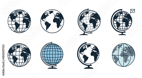 An assortment of eight world globe and earth icons in various simple and detailed styles, ideal for global or travel concepts.