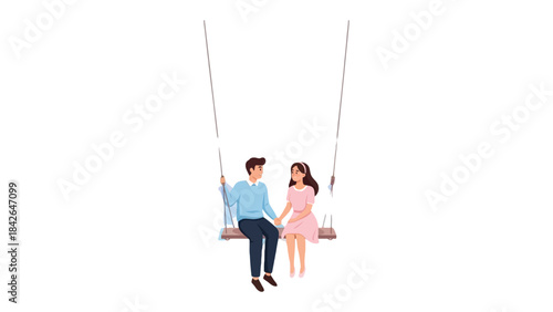 A Moment of Serenity: A tender couple shares an intimate moment, gently swaying on a swing together, their hands entwined and hearts connected, surrounded by a feeling of romantic serenity.