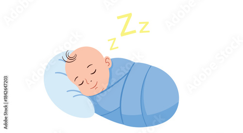 A peaceful newborn baby swaddled tightly in a blue blanket sleeps soundly on a pillow with 'Zzz' text floating dreamily above.