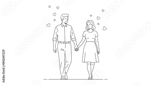 Eternal Bond: A tender moment as a couple strolls hand in hand, the air filled with symbolic hearts, depicting the timeless connection and shared journey.