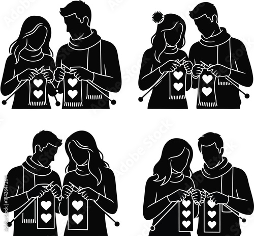 Romantic couple holding heart cards illustration set in black and white