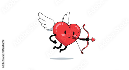 A charming cartoon heart character with wings flies like Cupid, aiming a bow and arrow to spread love for Valentine's Day.