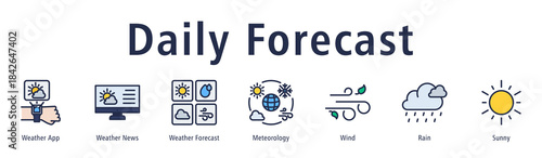 Daily Forecast web banner icon vector illustration with icons of Weather App, Weather News, Weather Forecast, Meteorology, Wind, Rain, and Sunny.