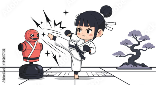 A determined chibi girl in a karate uniform practices her martial arts skills by delivering a powerful kick to a training dummy.