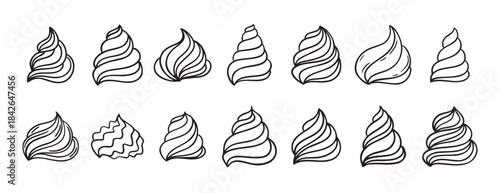 Cream for cakes or for ice cream doodle hand drawn icon set. Outline drawing cream for cakes or for ice cream line clipart symbol collection