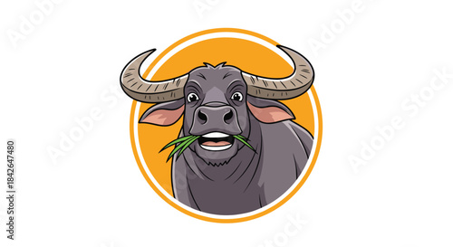 A cartoon water buffalo with large horns happily chews on a mouthful of green grass inside a bold yellow circular frame.
