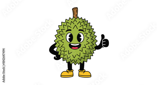 A retro-style cartoon durian fruit character with arms, legs, and a happy face gives a confident thumbs-up gesture.