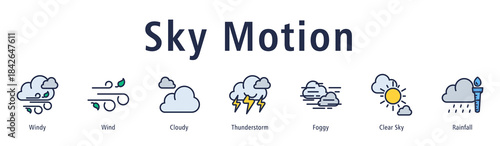 Sky Motion web banner icon vector illustration with icons of Windy, Wind, Cloudy, Thunderstorm, Foggy, Clear Sky, and Rainfall.