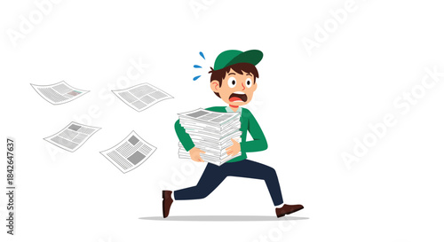 A panicked cartoon paperboy in a green outfit runs in a hurry, accidentally dropping newspapers from the large stack he carries.
