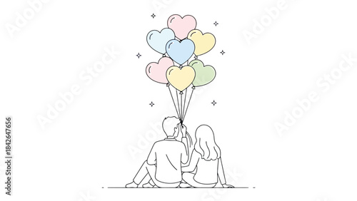 Love's Tender Embrace: A romantic couple, viewed from the back, shares a moment of affection while gazing at a bouquet of heart-shaped balloons, symbolizing the boundless joy of love and commitment.
