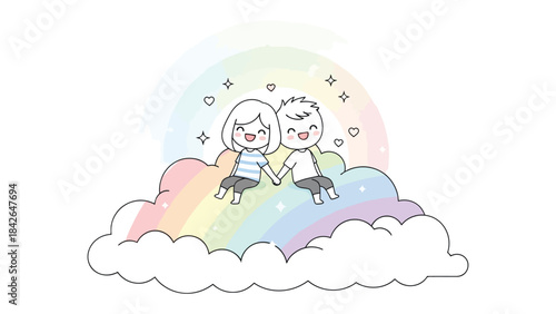 Love and Rainbow Dream: A pair of cartoon character with holding hand sitting on top of a fluffy cloud. Above them is a beautiful rainbow that appears in the sky