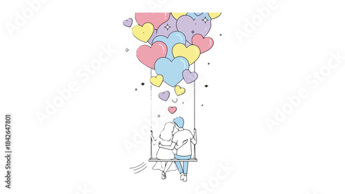Love's Ascent: A romantic couple on a swing is enveloped by a cascade of colorful hearts, symbolizing the joy and boundless affection they share. It's a sweet, playful scene of love's elevation.